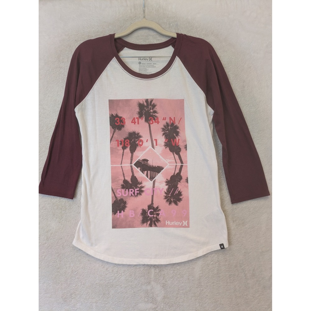 Hurley Raglan Tee Women's Medium White Maroon Surf City Graphic 3/4 Sleeve